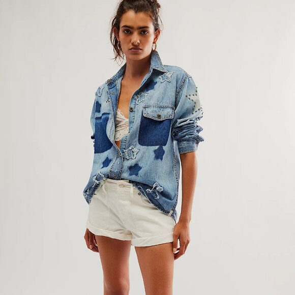 One Teaspoon x Free People Everyday Blue Classic Star Shirt NWT Size XS - Picture 4 of 10